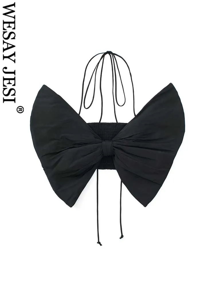 

WESAY JESI Sexy Halter Vest Women Solid Color Black Oversize Bow Cute Chic Sleeveless Backless Elastic Slim Ultra-short Tank Top