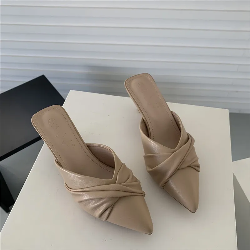 

Korean Style Bow Sandals Women's Mules Solid Color Pointed Toe Sandals Thin Medium Heel High Heels Women's Pullover Sandals New