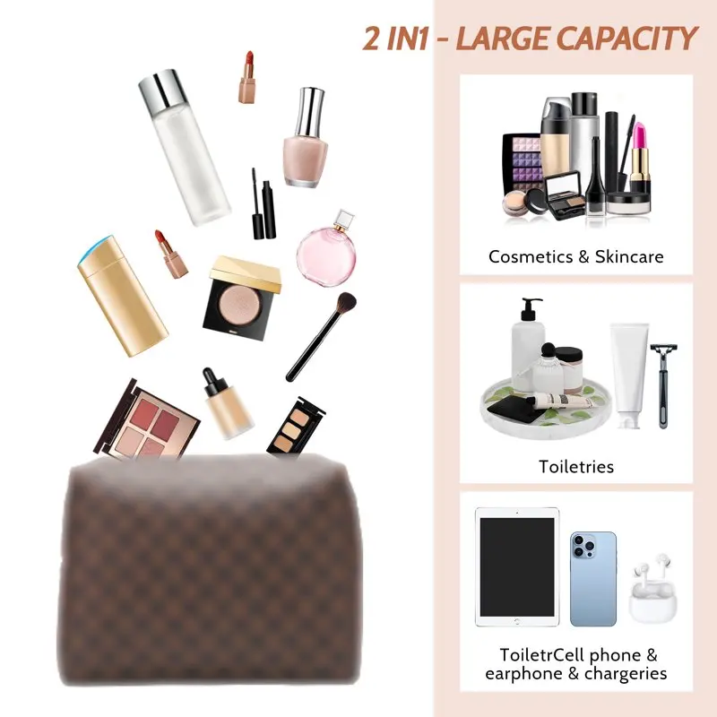 Checkered Makeup Bag,  2Pcs Travel Cosmetic Bags, Portable Toiletry Organizer for Women, Lightweight and Waterproof  Toiletries