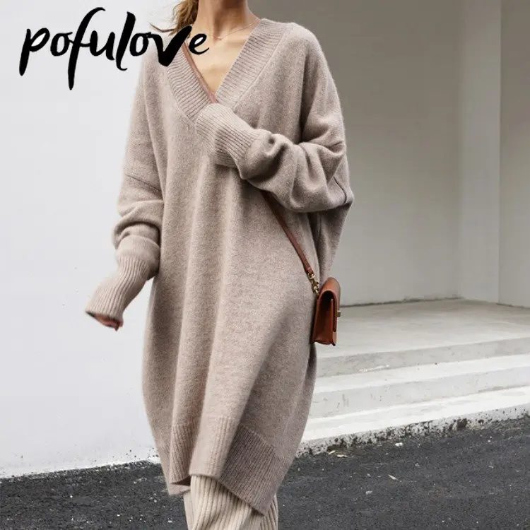 

Medium Length Sweater Women's V-neck Pullover Korean Solid Color Knitwear Loose Jumper Autumn and Winter Top Dropshipping