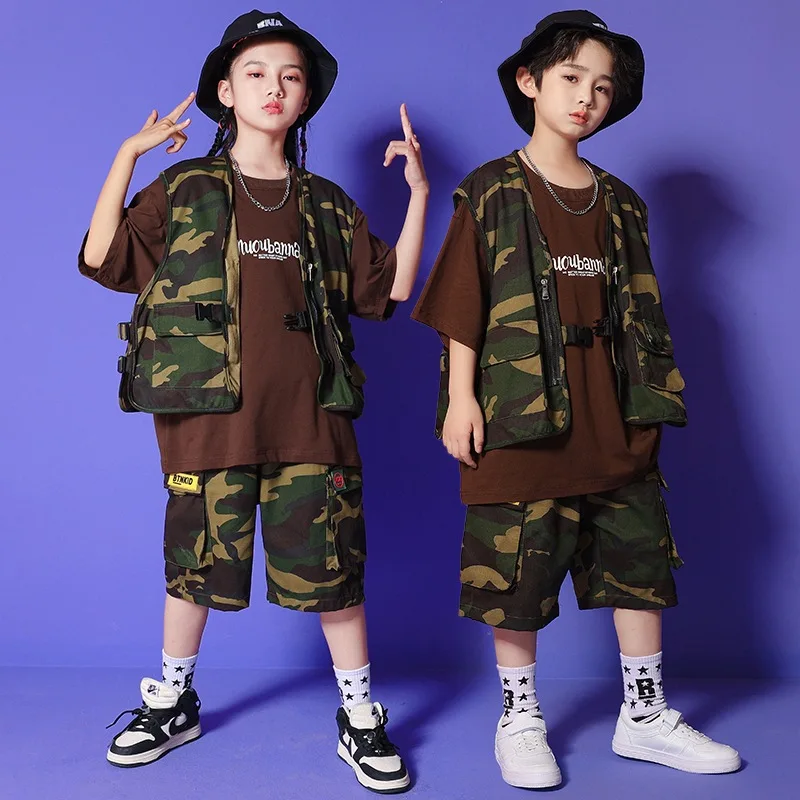 

Boys Girls Hip Hop Camouflage Vest Letter Print T Shirt Cargo Shorts Clothes Sets Children Tracksuit Kids Streetwear Costumes