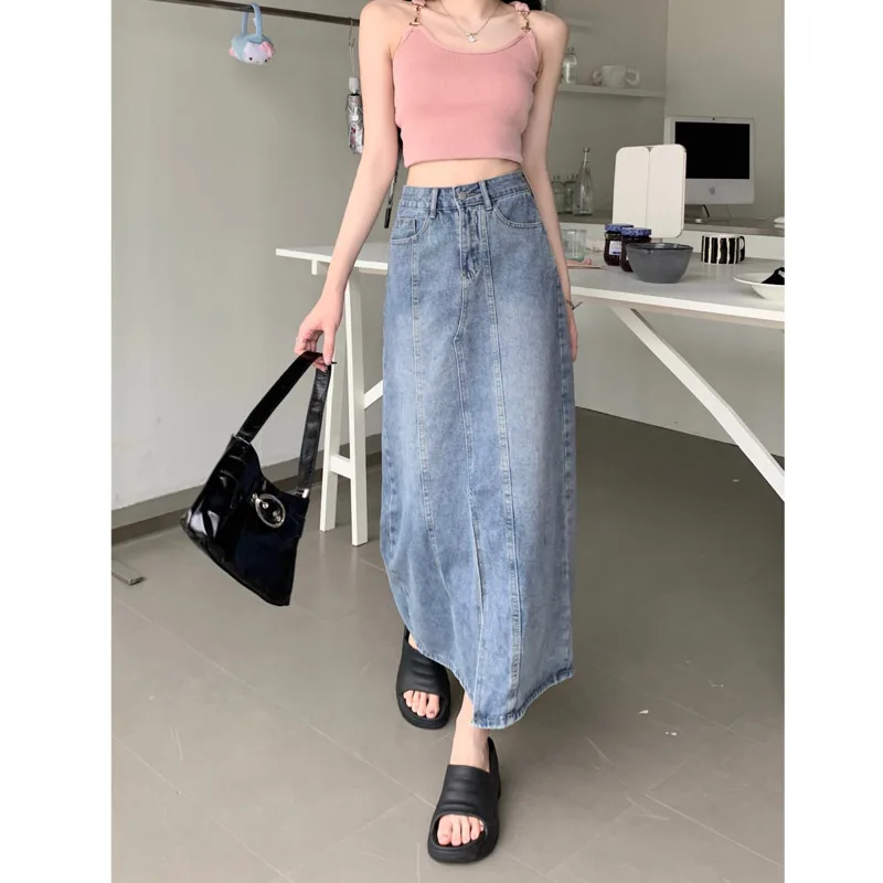 

Женская джинсовая юбка с разрезом, длинная универсальная юбка трапециевидной формы с завышенной талией в Корейском стиле, модель Лето-Осень