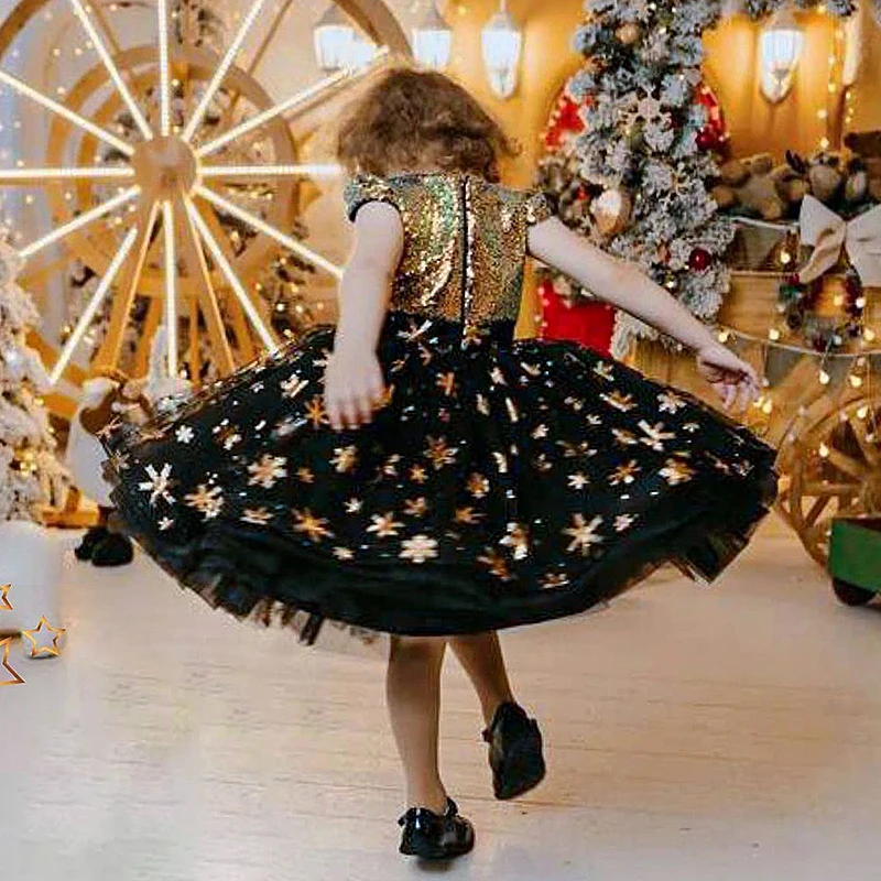 Girls Golden Sequin Shiny Tutu Dress Kids Snowflake Christmas Princess Costume for Evening Children Birthday Party Clothes 4-10T