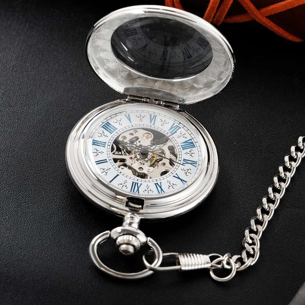 Silver Pattern Hollow Engraving Mechanical Pocket Watch High Quality Unisex Necklace Timing Pendant for Men and Women Pjx054