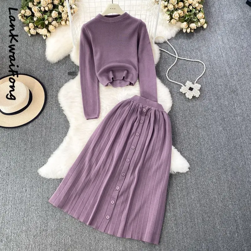 

LKF Модный Универсальный женский комплект с юбкой с длинным рукавом стоячим воротником Свободный Вязаный топ из двух частей с высокой талией плиссированная полуюбка