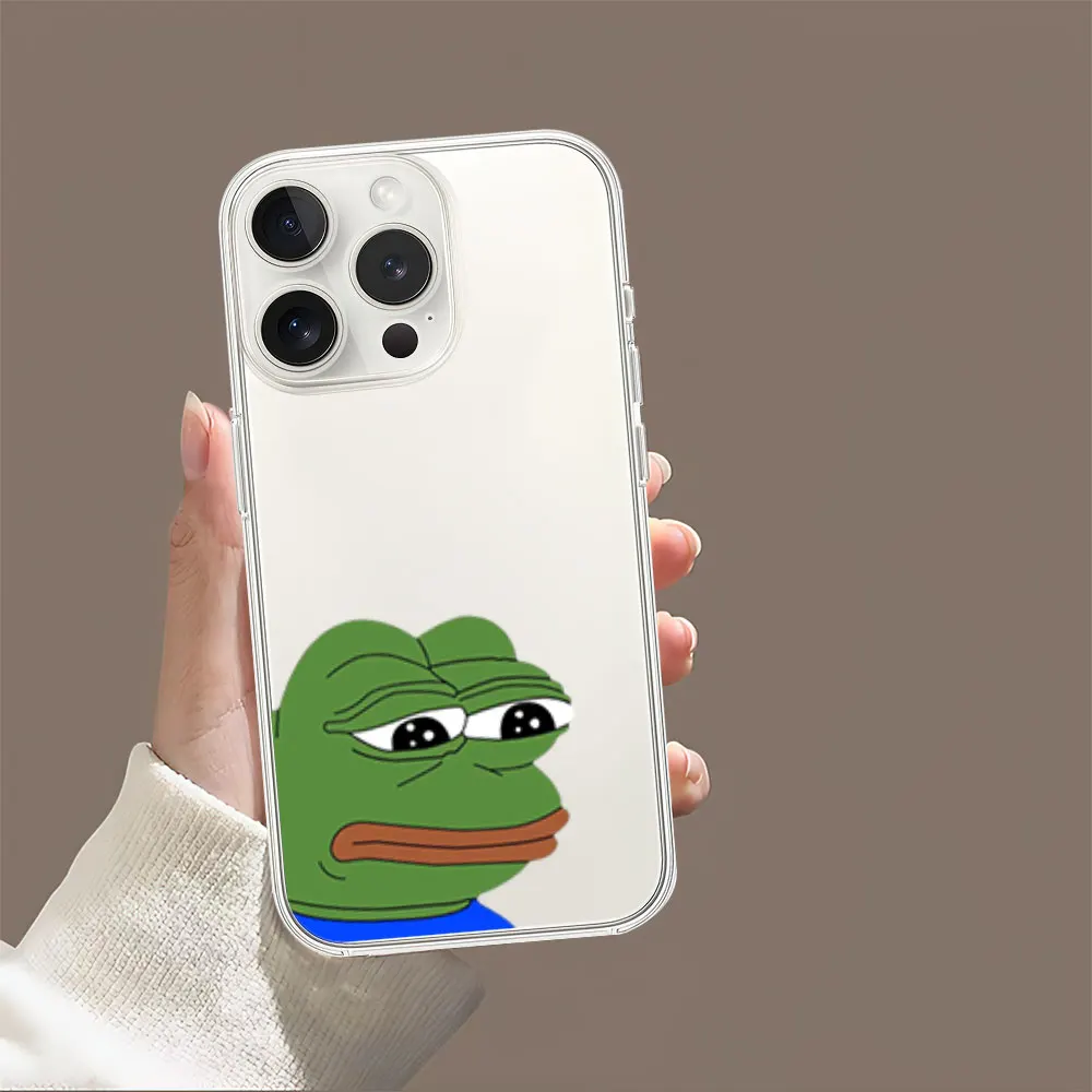 Sad P-Pepe Frog Funny Phone Case for iPhone 11 12 13 14 15 16 Max Pro Plus Transparent Soft Shell