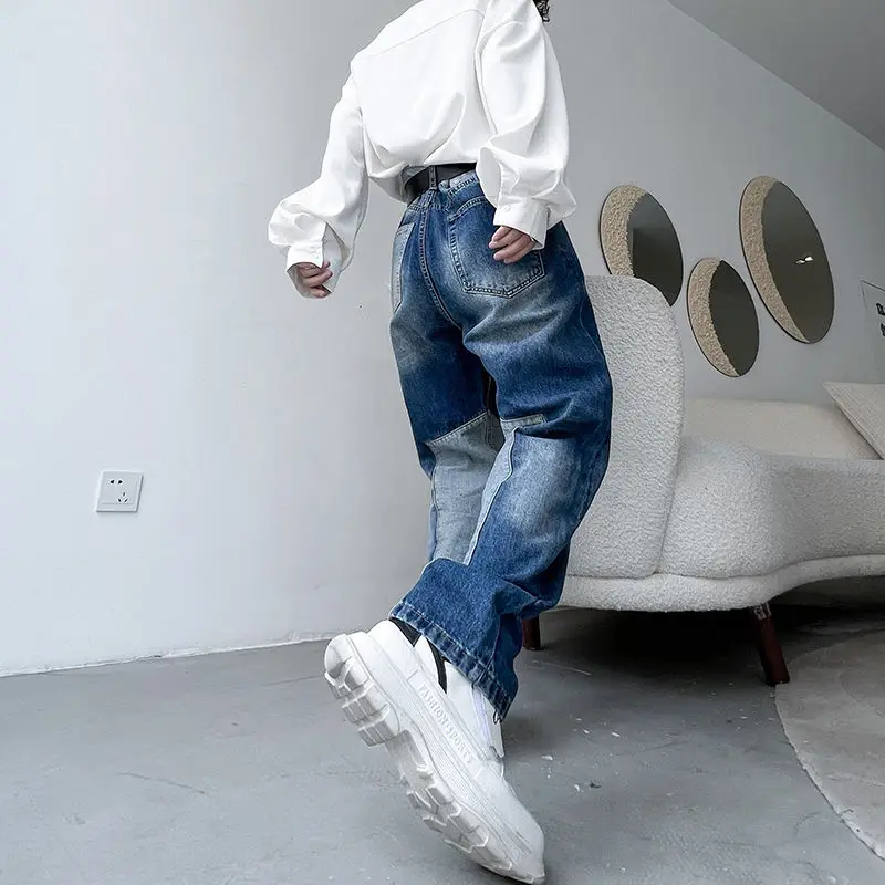 DEEPTOWN Y2K Patchwork Jeans for Men Harajuku Style Denim Pants Male Blue Vintage Loose Casual Streetwear Hip Hop Fashion Spring
