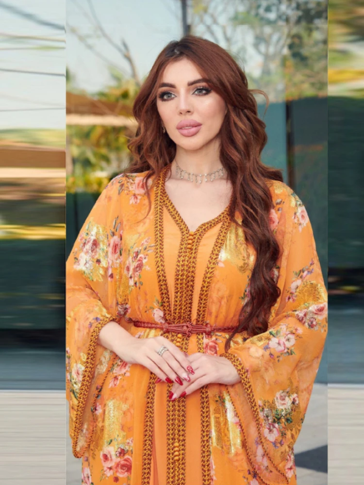2023 Summer Elegant Muslim Women Long Sleeve V-neck Polyester Orange 2 Pieces Set Long Abaya with Inner Muslim Fashion Dresses