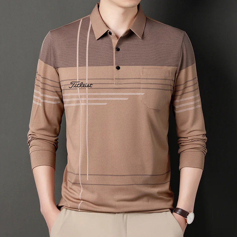 Spring/Autumn New Men's Golf Clothing Lapel Long Sleeve Middle-aged POLO Shirt Striped Casual Jacket