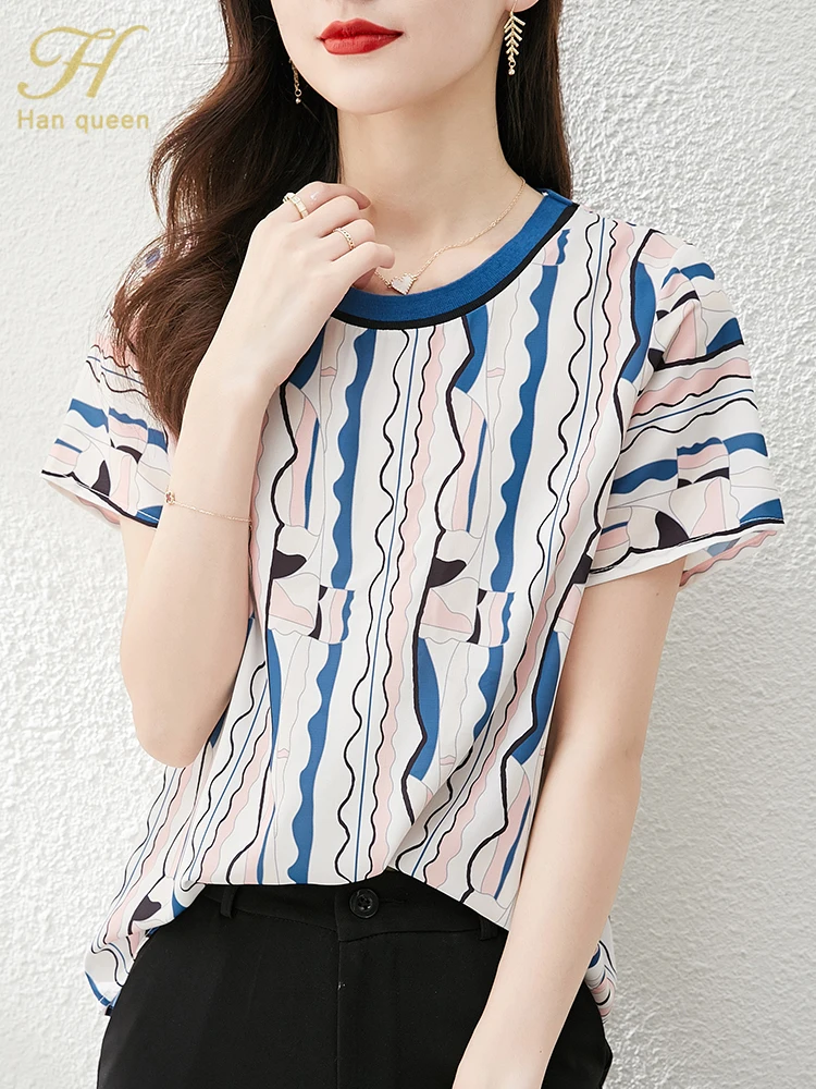 

H Han Queen Summer Basic Office Vintage Clashing Wave Stripes Tops Elegant O-Neck Loose Tees Women Loose Chic Casual T-Shirts