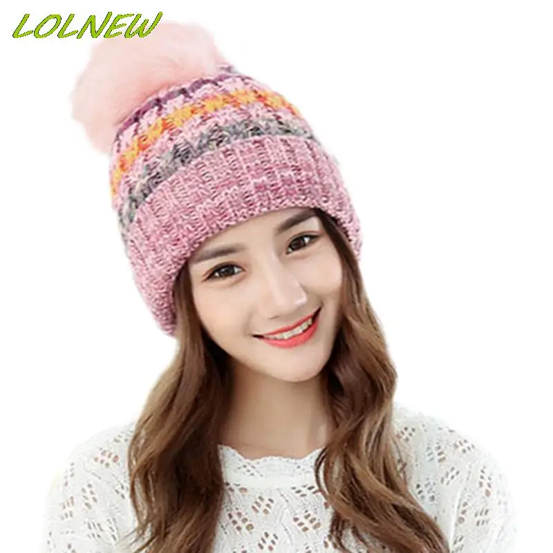 

Cute Hairball Knitted Hat Women Skullies Beanies Winter Hats Bonnet Striped Caps Warm Baggy Soft Female Wool Male Beanie Hat
