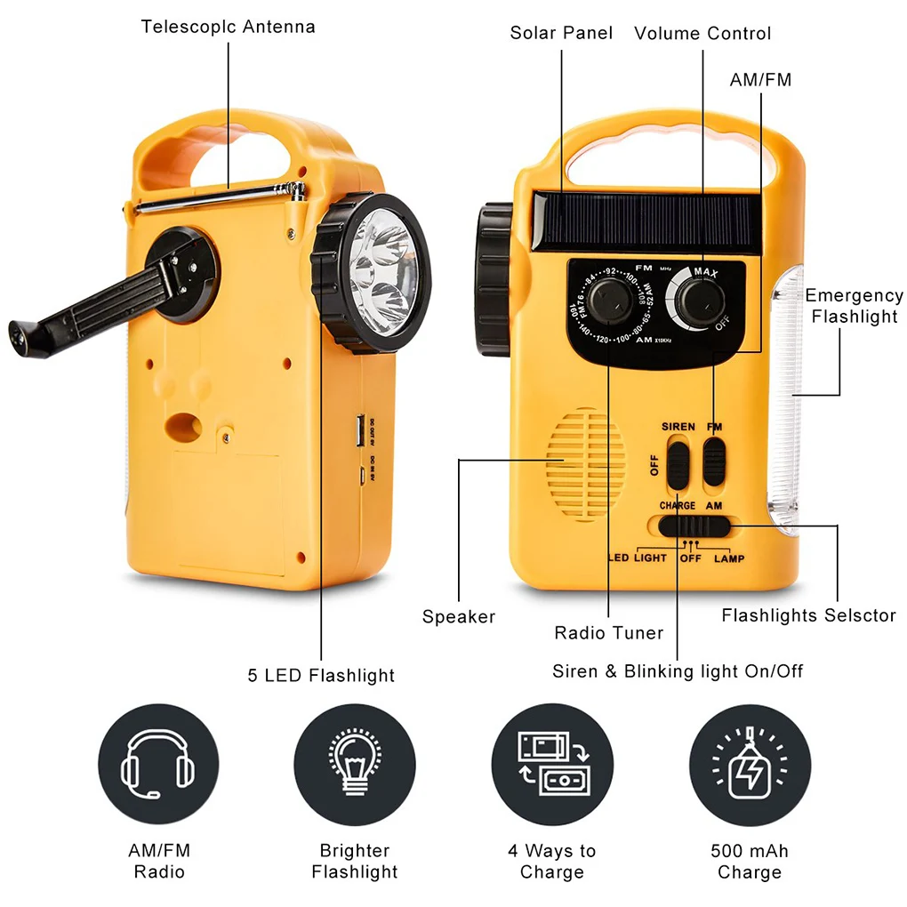 

Hand Crank Radio LED Light Camping Fishing Portable Rechargeable Solar Powered Radio Loud Emergency Siren