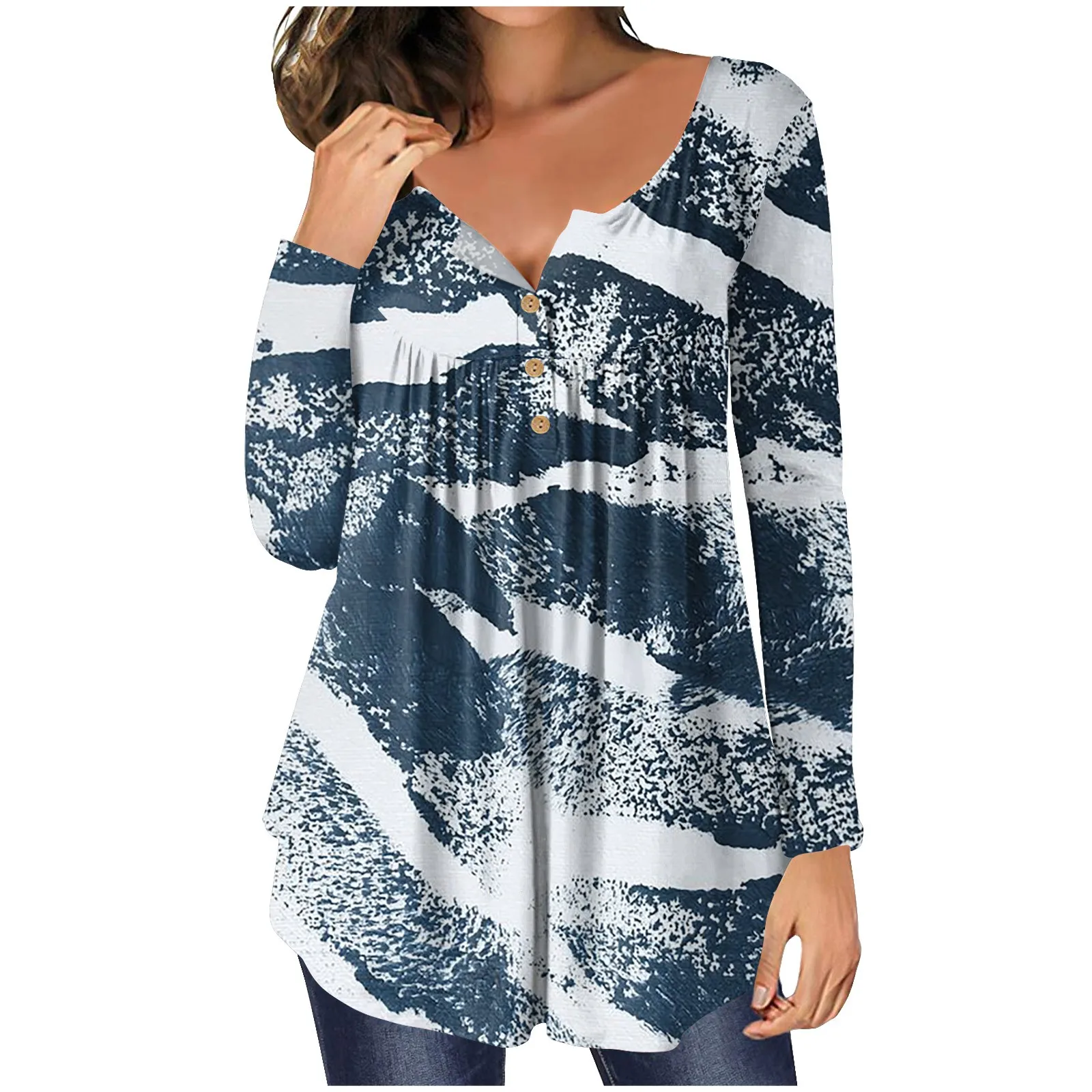 

Women'S Long Sleeve T-Shirt Print Button Round Neck Casual Loose Top Fashion Woman Blouse 2023 T Shirt For Women Oversized
