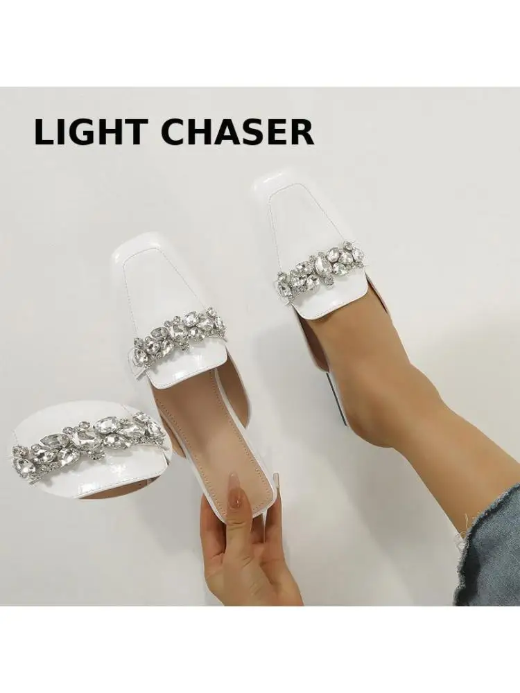 2022 Spring And Summer New Square-toe Low-heeled Muller Shoes Fashion Rhinestone Half Slippers Women's Casual Flat Shoes 41 42