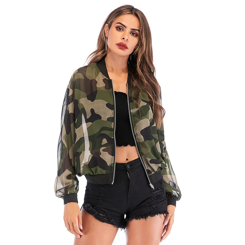 

QNPQYX New Camouflage Jacket Women Long Sleeve Zipper Stand Neck Thin Coats Summer Light Jackets For Ladies 2021 Fashion Outwear