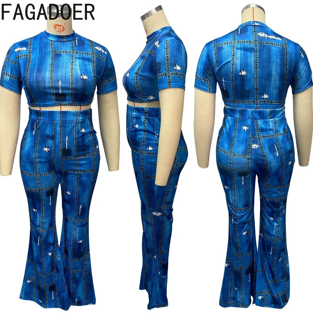 FAGADOER Cowboy Print Plus Size Flares Pants Two Piece Sets Women Short Sleeve Crop Top + Pants Tracksuits Female Streetwear 4XL