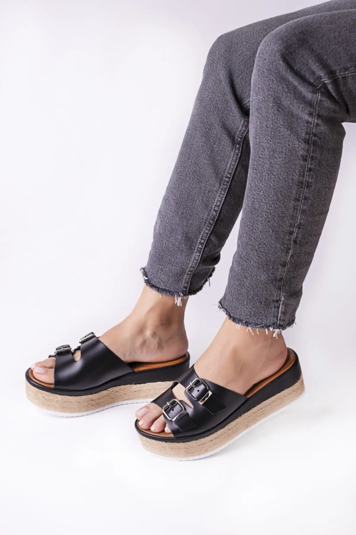 

Black Leather Straw Sole Wedges Slippers
