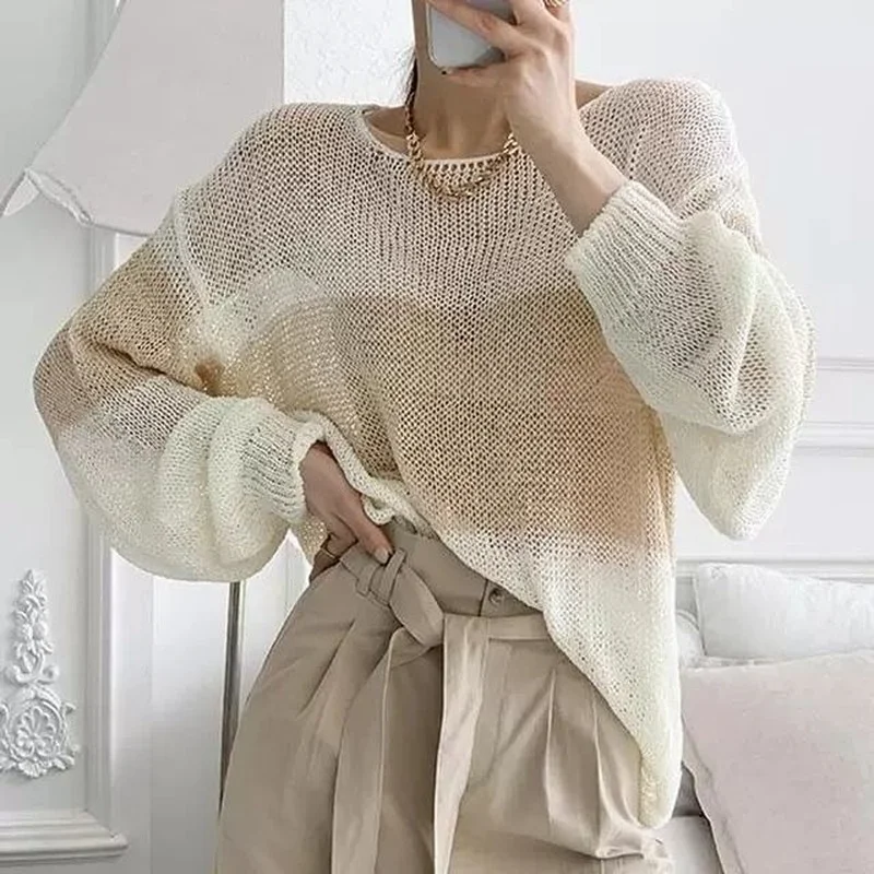 

Sexy Women Pullover Stripe Hollow Sweater Female 2022 Summer Fashion Loose Tops Long Sleeve Knitted Shirt Casual Clothing X239