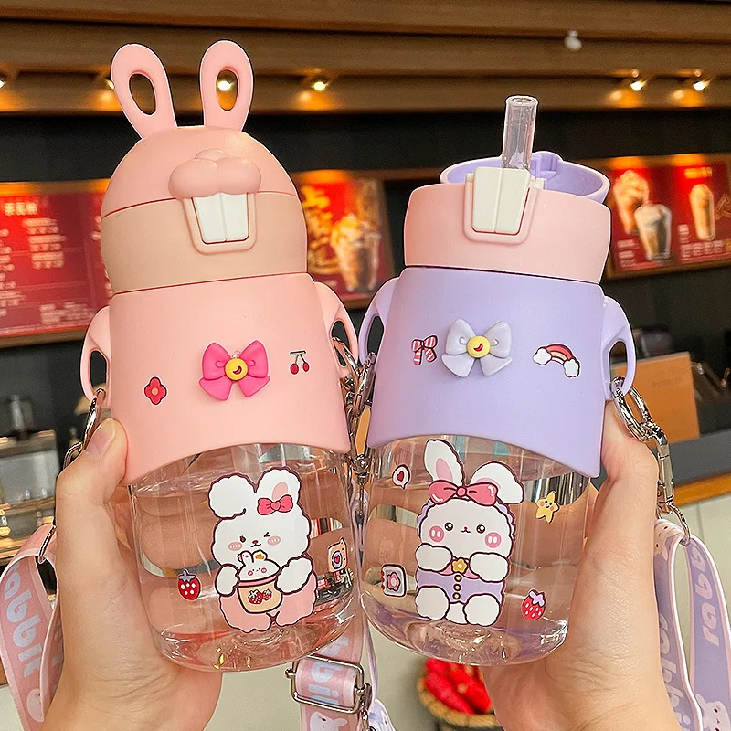 

Children's Cup with Straw Messenger Cute Super Cute Ins Wind Plastic Water Cup Portable Large Capacity Water Bottle Anti Falling