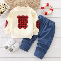 plaid bear long sleeve t shirt jeans set two piece childrens wear boys and girls clothing spring and autumn sportswear wholes