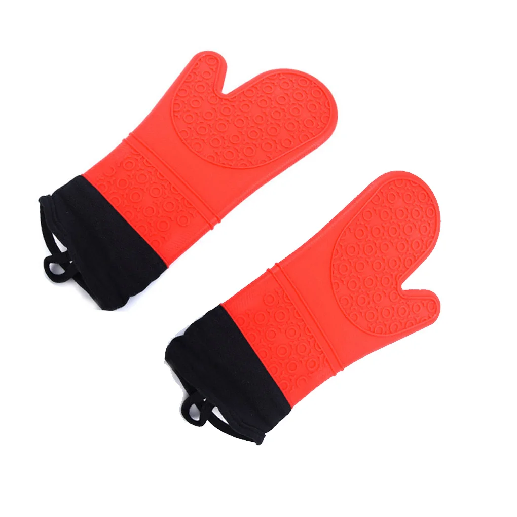 

1 Pair Silicone Oven Mitts Quilted Cotton Lining Non-slip Microwave Oven Heat Insulation Gloves