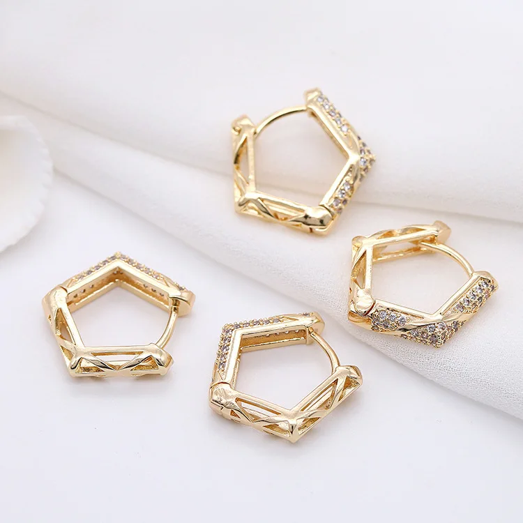 

New micro geometry inlay zircon hexagon ear clip copper plating 14 k gold plated contracted fashion ear earrings