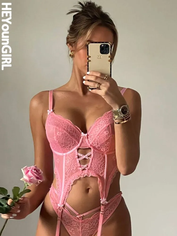 

HEYounGIRL Lace Sexy Suspenders Crop Tank Top Casual Pink Bow Hollow Out Aesthetic Summer Camisole Y2K Vintage Fashion Clubwear