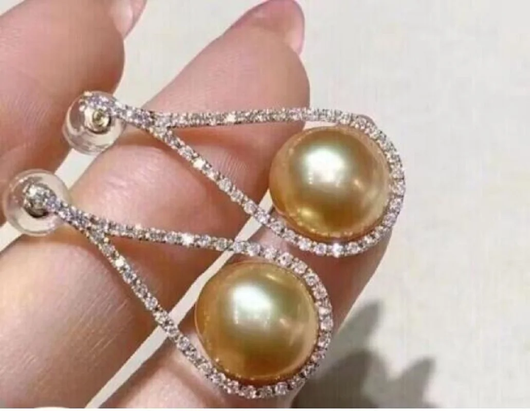 

Gorgeous Giant AAAAA 9-10mm South China Sea Gold Earrings Pearl Earrings 925S
