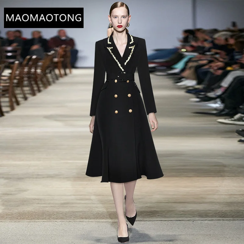 

2022 Luxury Designer Runway Trench Women Embroidery Turn-down Collar Long Sleeve Belt Double Breasted Black Outwear Overcoat