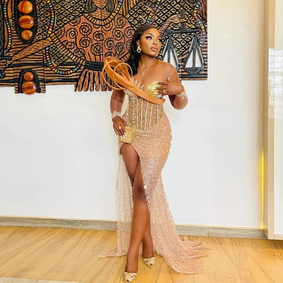 

Сексуальное Золотое прозрачное длинное платье для выпускного вечера с круглым вырезом для черных девушек 2023 блестящее женское платье с высоким разрезом для дня рождения с юбкой-годе