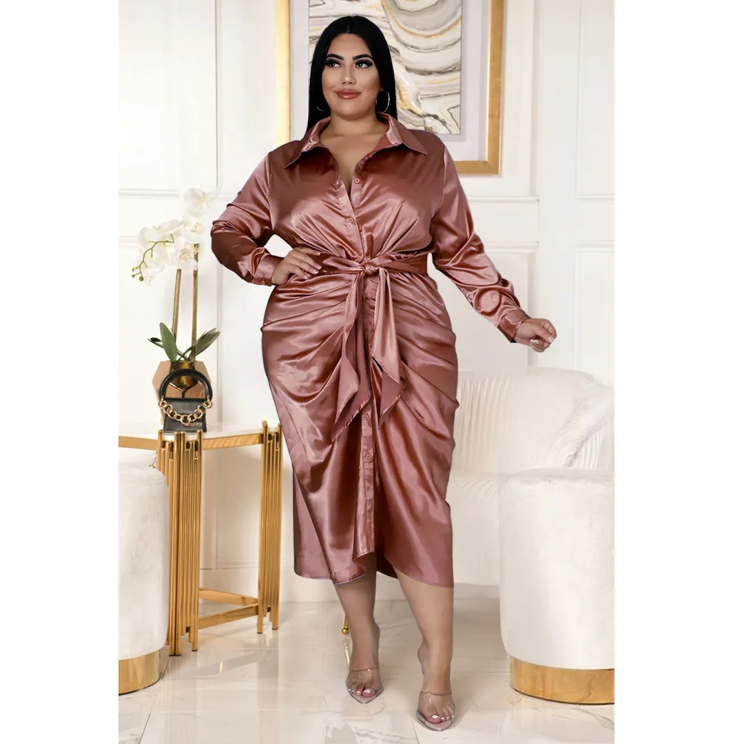 Plus Size Elegant Dress For Chubby Women Satin Long Sleeve Party Dress 2023 Spring Casual Robe Female Designer Fashion Outfit