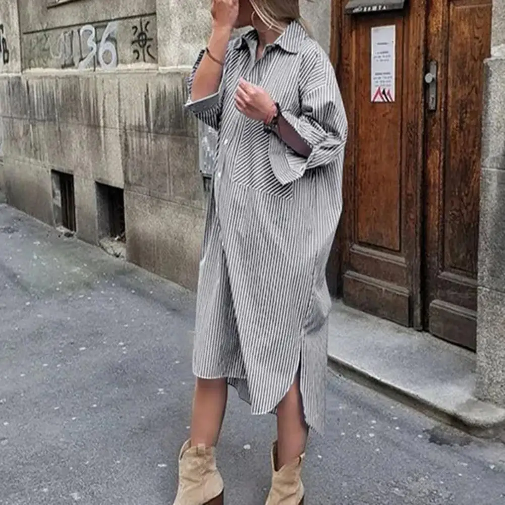 

Summer New Dress Fashion Cotton Linen Striped Cardigan Loose Large Casual Temperament Commuter Irregular Women Long Dress