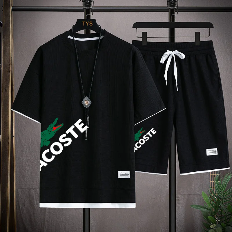 

Waffle Pattern 2 Piece Men Shorts Set Summer Tracksuit Men Fashion Clothing Harajuku Style Japan Fashion Loose Fit Sweatsuit 3XL