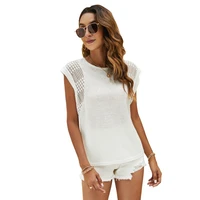 womens batwing short sleeve basic loose t shirts solid color hollow out lace stitching casual tee pullover tank top