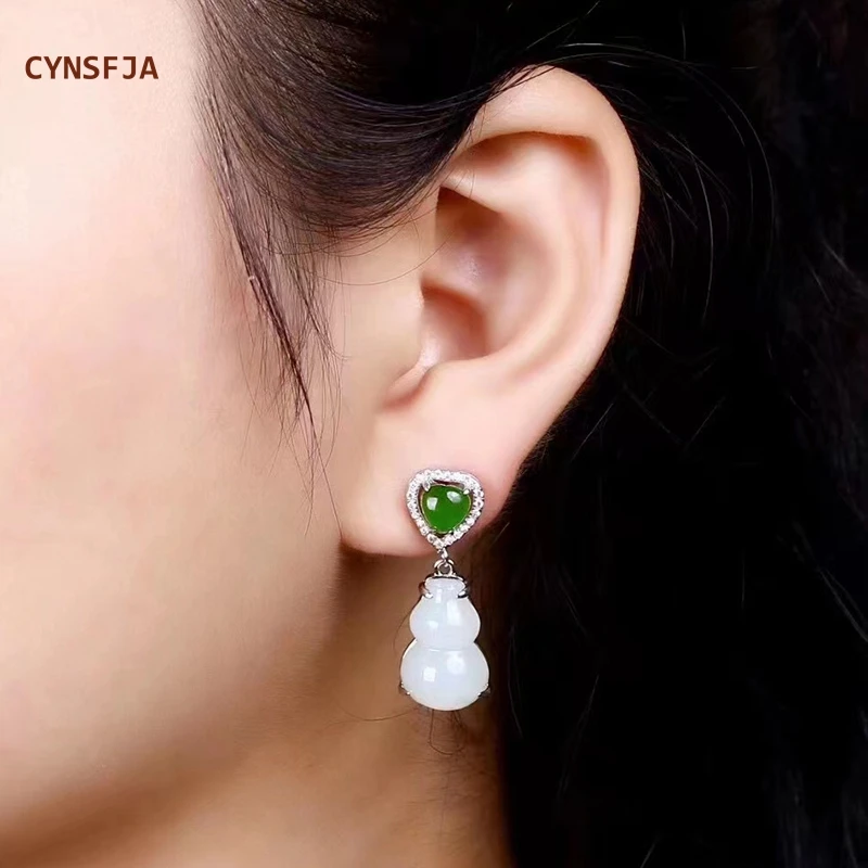 

CYNSFJA New Real Rare Certified Natural Hetian Nephrite 925 Silver Women's Lucky Gourd Jade Earrings High Quality Elegant Gifts