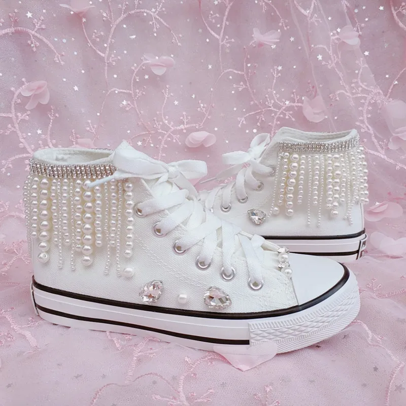 

Handmade custom pearl fringe high top casual canvas shoes small white student parent-child shoes comfortable walking 35-46