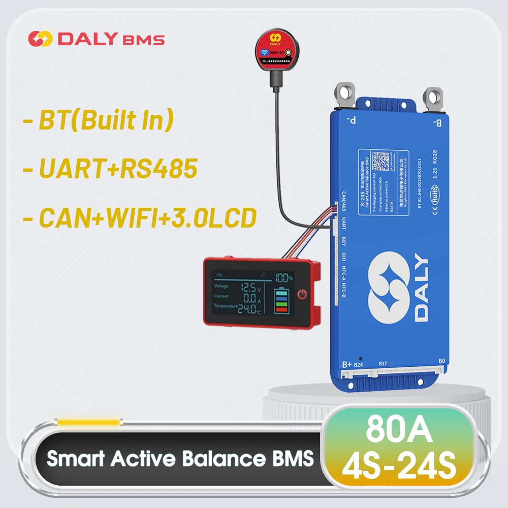 Фото Daly BMS WiFi RS485 CANBUS Active BMS 80A 3.0LCD 4.3LCD Lifepo4 4S 8S 16S 24S 80A Active Balance 1A Встроенный BT 12V 24V 48V 60V №1