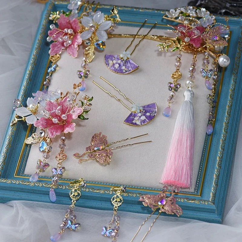 Набор аксессуаров для волос NiuShuya ручной работы цвет розовый/фиолетовый