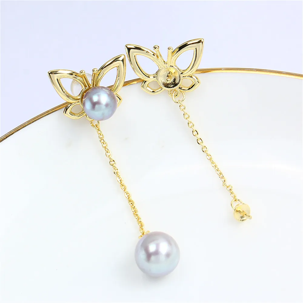 

S925 Silver Needle Simple Glossy Butterfly Pearl Earrings 14K Bag Gold Stud Earrings Empty DIY Temperament Women