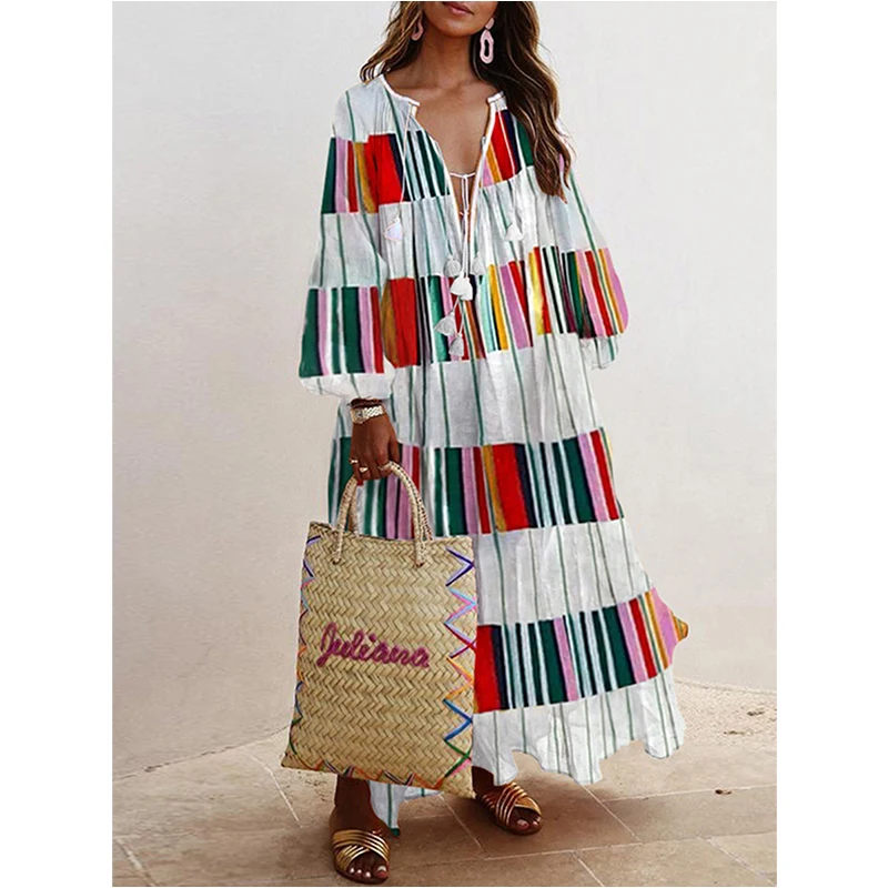 

Boho Sexy V Neck Lace-Up Tassel Beach Party Dress Women Vintage Printed Ruffle Long Dresses Elegant Lantern Sleeve Maxi Baggy