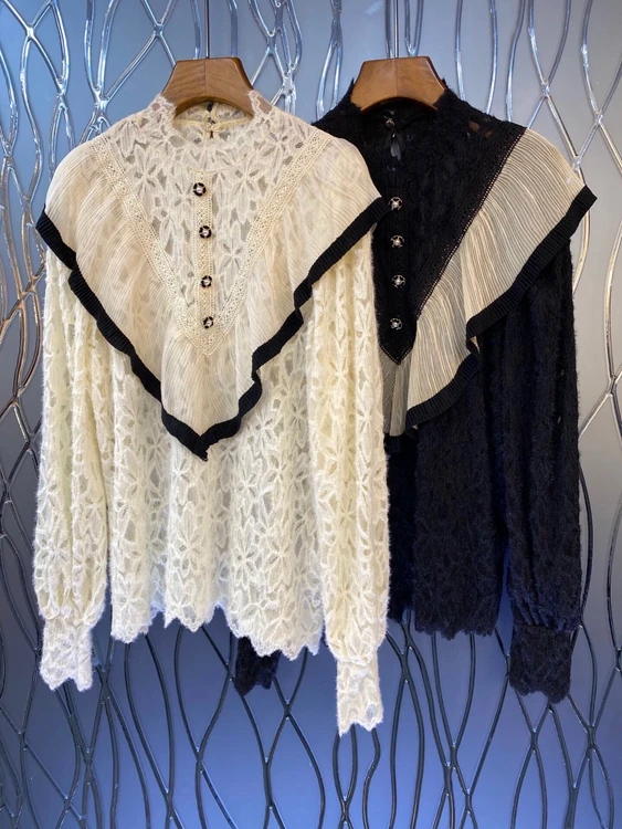 

Женский кружевной топ с длинными рукавами, ажурный топ с круглым вырезом и вышивкой, 2022