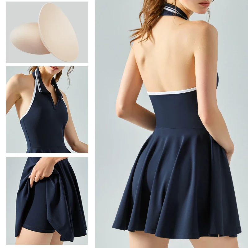 

2023 Yoga for Women All-in-one Skirt Lapel Nylon Chest Pad Gym Set Yoga Vest Fake Two-piece Tennis Clothes Baseball Skirt