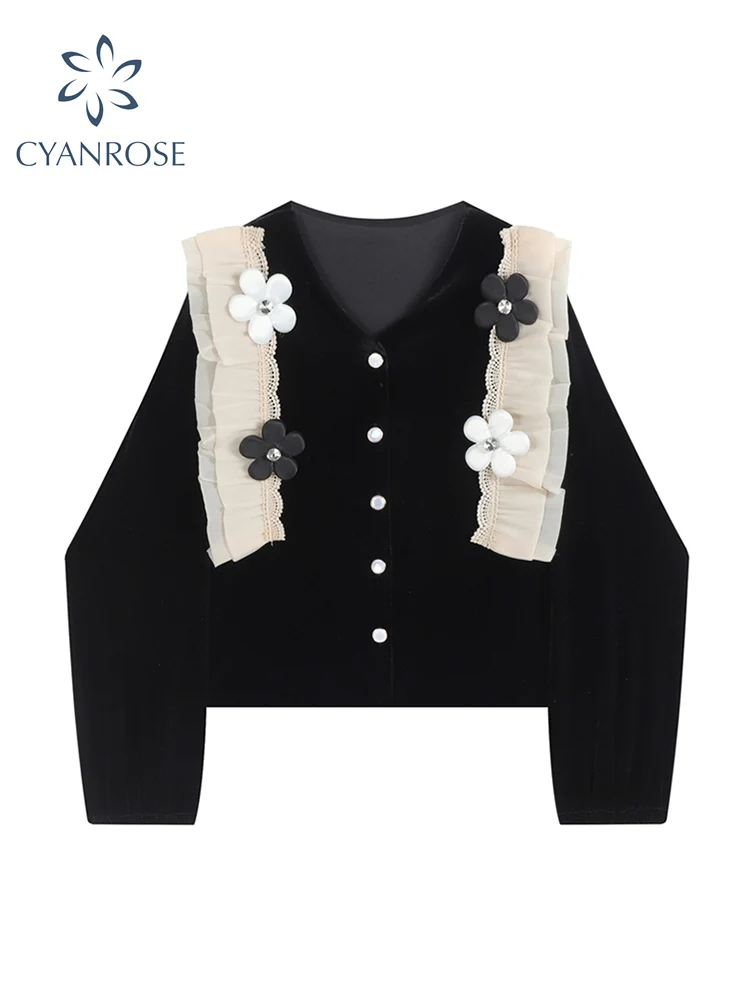 

Женская Офисная рубашка с длинным рукавом, черная Свободная Повседневная винтажная блузка с V-образным вырезом и оборками по краям, весна 2022