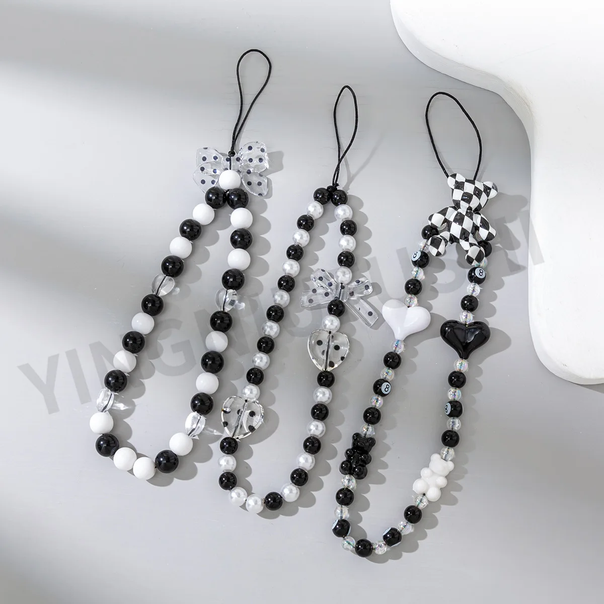 Black and White Acrylic Mobile Phone Chain Ladies Mobile Phone Lanyard Pendant Key Strap Wholesale