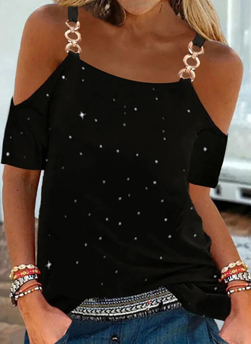 

Женские футболки, модные сексуальные топы с открытыми плечами, летние футболки с коротким рукавом, повседневные топы с блестками, эстетична...