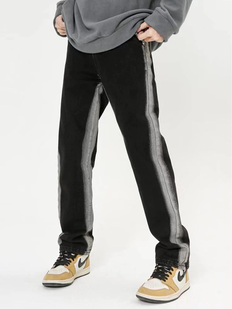 Men Fashion Street Clothing Retro Gothic Striped Jeans Loose Casual Wide -legged Denim Cloth Straight Rail Pants Hip -hop Jeans