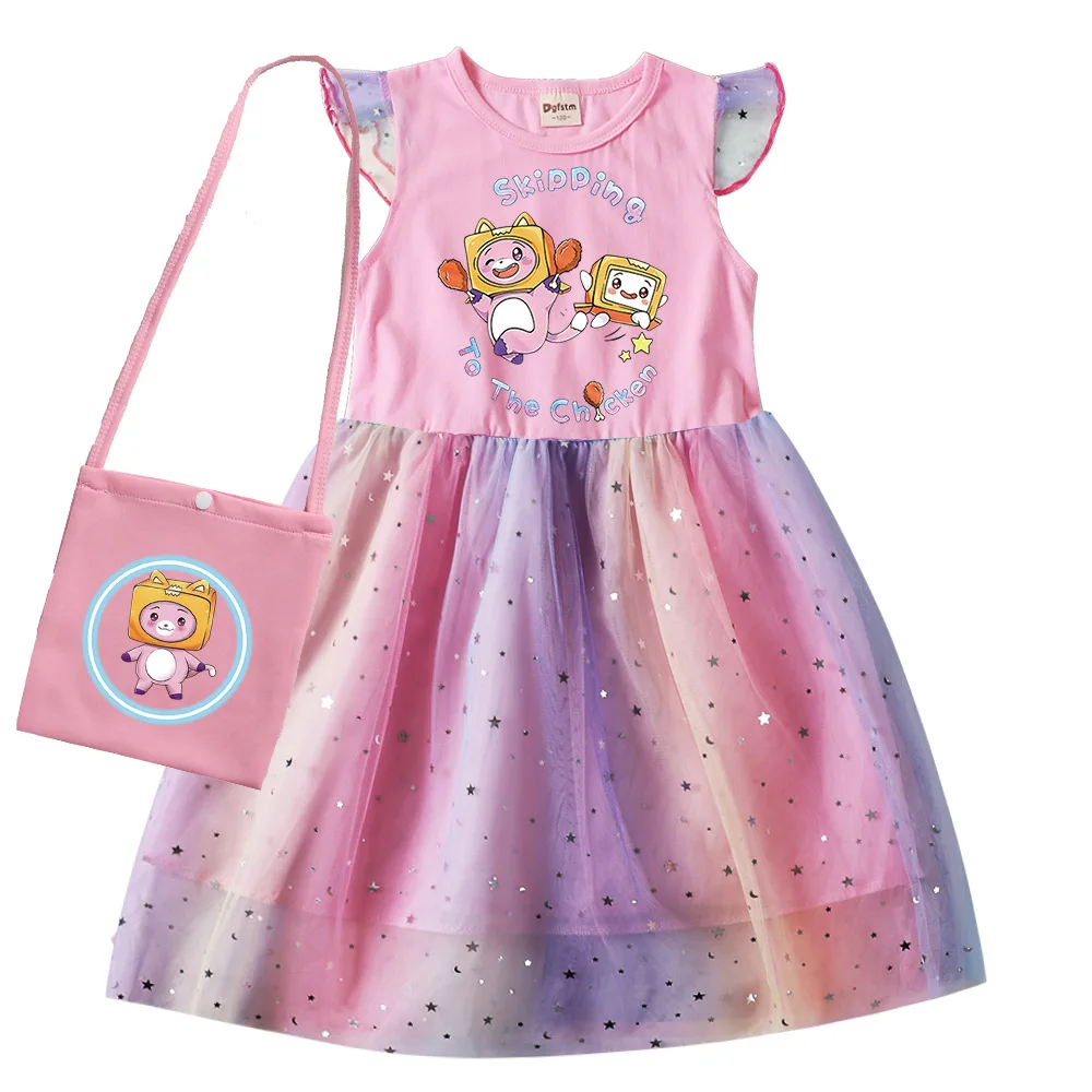 Lankybox Kids Summer Print Princess dress baby girls cute lace Princess dress Toddler girls Birthday Party Dresses with bag 2-8Y