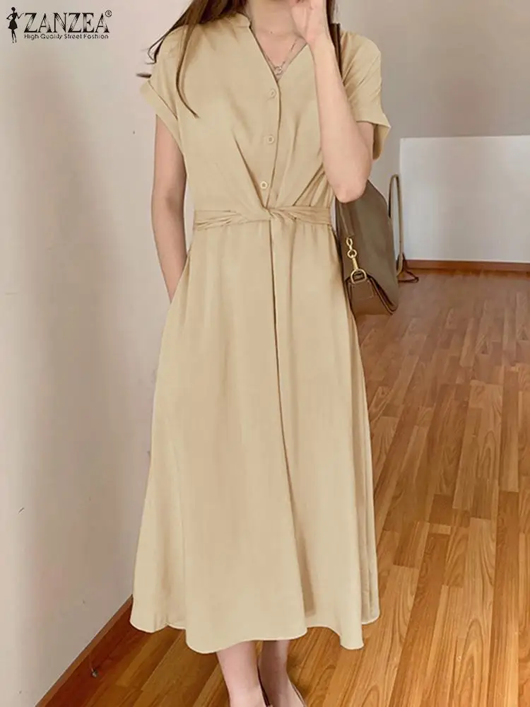 

ZANZEA Fashion Short Sleeve Dresses Pockets 2023 Summer Solid Color Holiday Long Robes Street Women Strap V Neck Maxi Vestidos