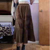 grunge fairycore skirt brown velvet tiered ruffled straight midi skirt y2k aesthetic women e girl outfit