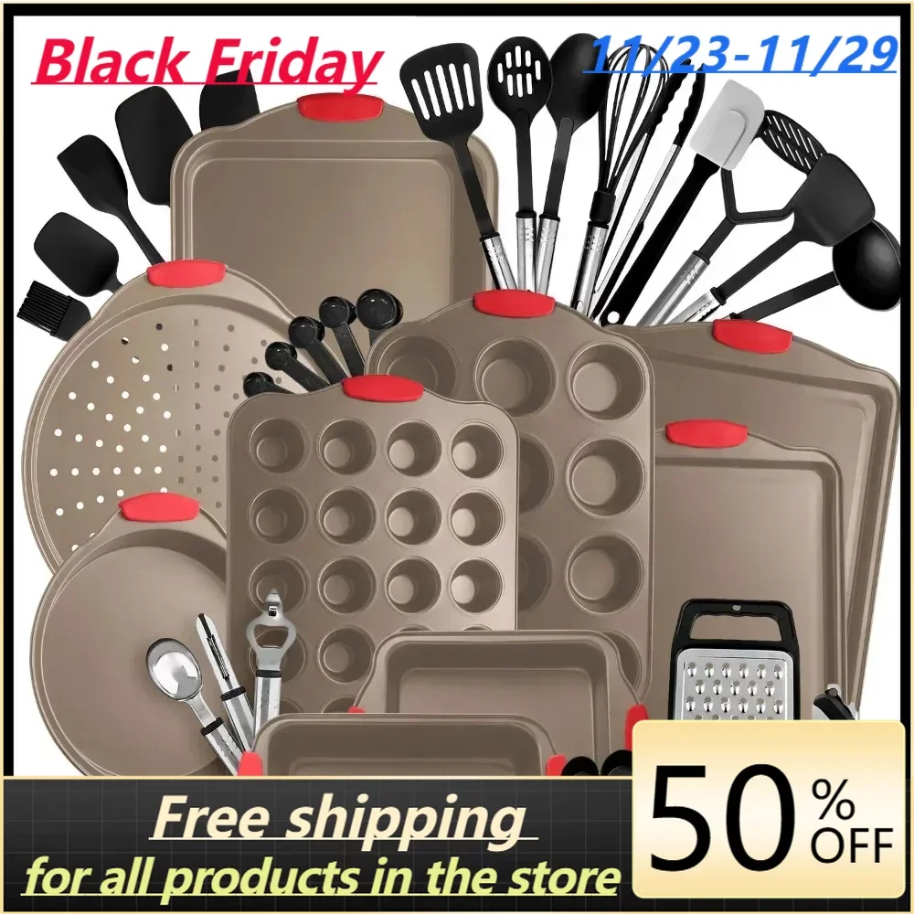 

Kitchen Brown Utensil Set 24 Nylon Stainless Steel Utensil Set & Black 15 Piece Bakeware Set
